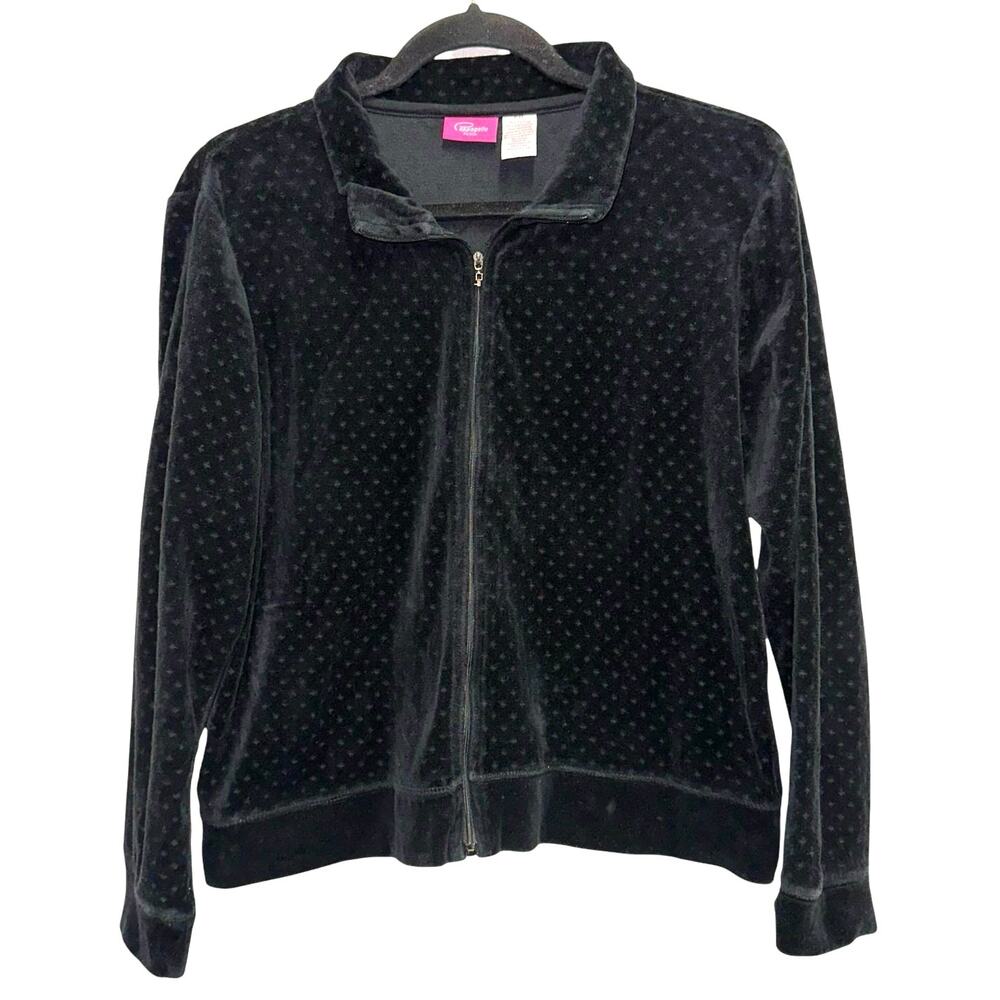 Pappagallo Velour Jacket XL Petite Black Zip Up Polka Dot Soft Lounge